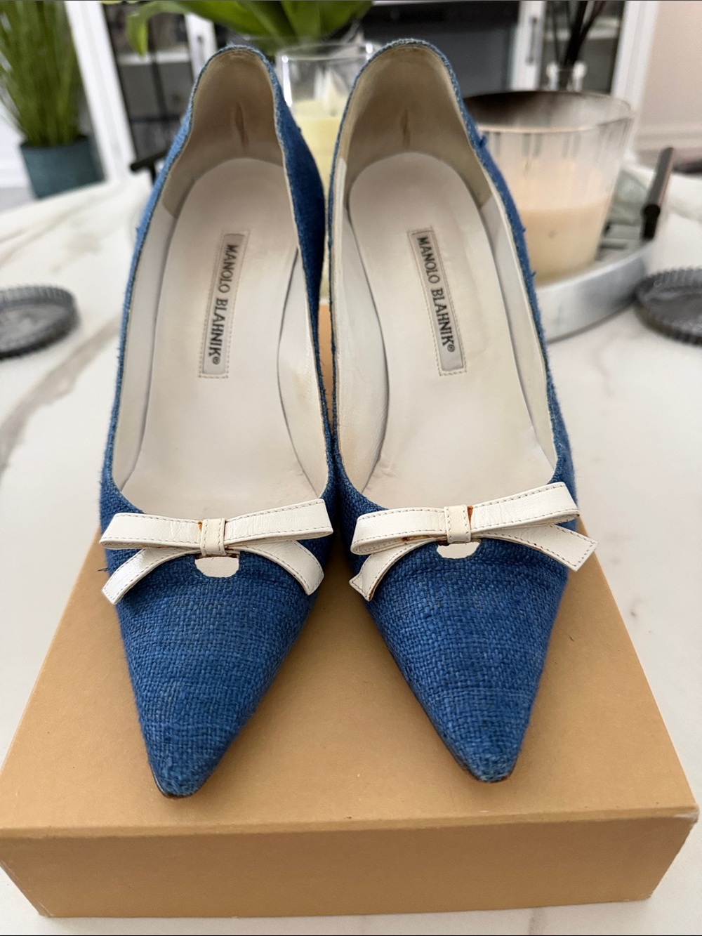 Manolo Blahnik Denim Blue Pointed Toe Pumps with White Bow Accent